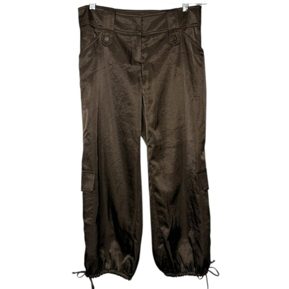 LAUNDRY BY SHELLI SEGAL Cropped Satin Cargo Pants Chocolate Brown Size 4 - Picture 1 of 8